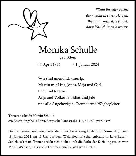 Anzeige von Monika Schulle von Kölner Stadt-Anzeiger / Kölnische Rundschau / Express