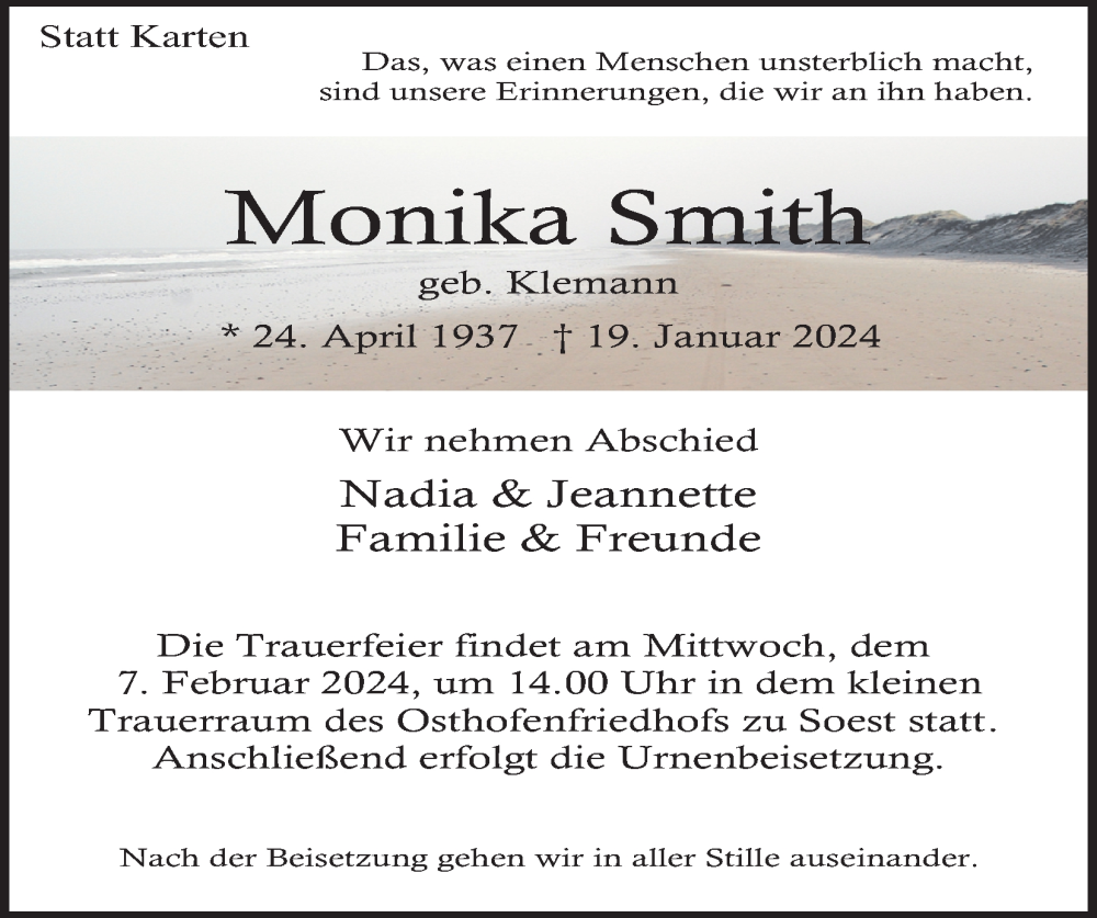  Traueranzeige für Monika Smith vom 31.01.2024 aus Kölner Stadt-Anzeiger / Kölnische Rundschau / Express