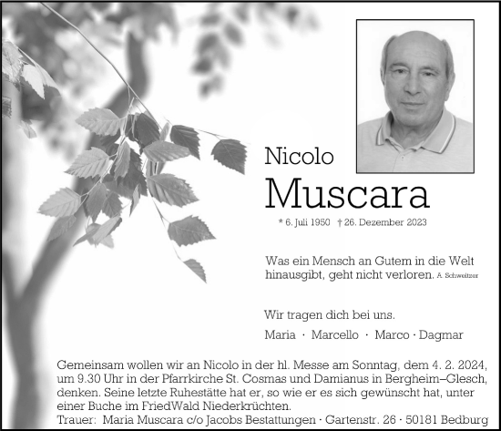 Anzeige von Nicolo Muscara von  Werbepost 