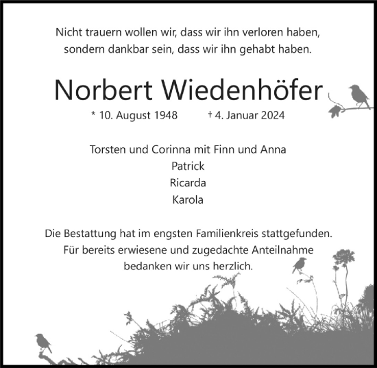 Anzeige von Norbert Wiedenhöfer von  Bergisches Handelsblatt 