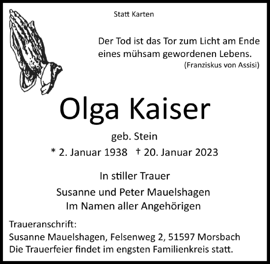 Anzeige von Olga Kaiser von  Lokalanzeiger 