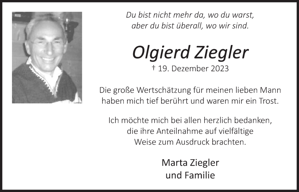  Traueranzeige für Olgierd Ziegler vom 26.01.2024 aus  Werbepost 