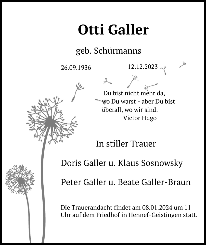  Traueranzeige für Otti Galler vom 03.01.2024 aus Kölner Stadt-Anzeiger / Kölnische Rundschau / Express