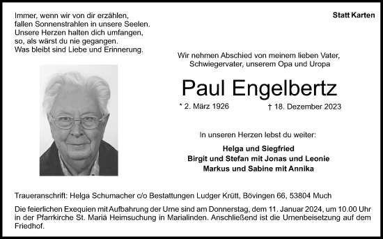 Anzeige von Paul Engelbertz von Kölner Stadt-Anzeiger / Kölnische Rundschau / Express