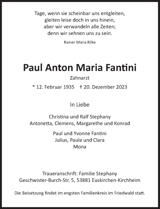 Anzeige von Paul Anton Maria Fantini von  Blickpunkt Euskirchen 