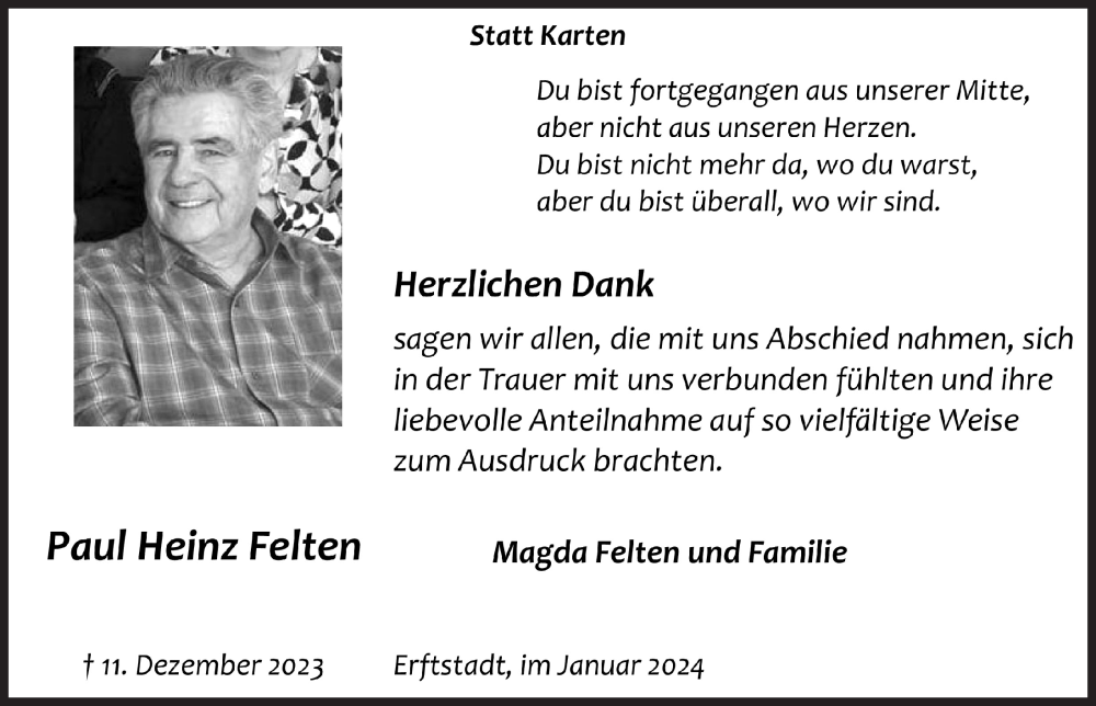  Traueranzeige für Paul Heinz Felten vom 26.01.2024 aus  Werbepost 
