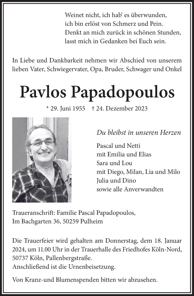  Traueranzeige für Pavlos Papadopoulos vom 12.01.2024 aus  EXPRESS - Die Woche 
