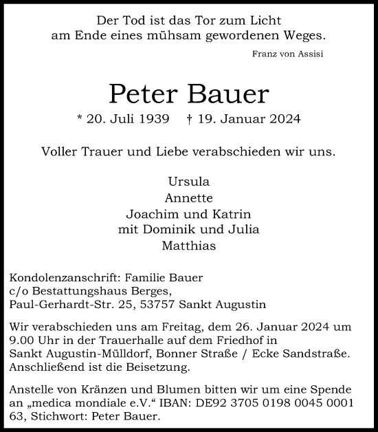 Anzeige von Peter Bauer von Kölner Stadt-Anzeiger / Kölnische Rundschau / Express