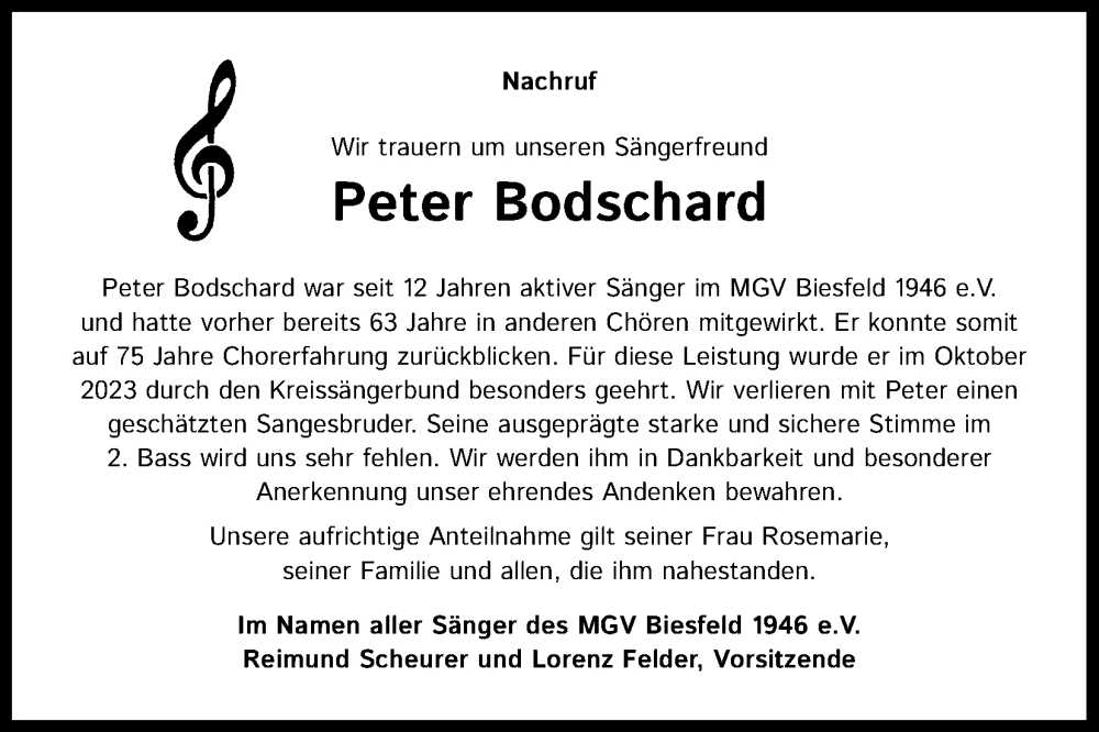  Traueranzeige für Peter Bodschard vom 27.01.2024 aus Kölner Stadt-Anzeiger / Kölnische Rundschau / Express