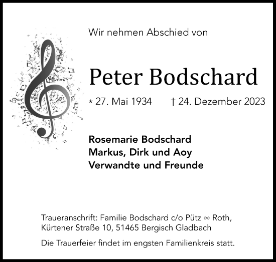 Anzeige von Peter Bodschard von Kölner Stadt-Anzeiger / Kölnische Rundschau / Express