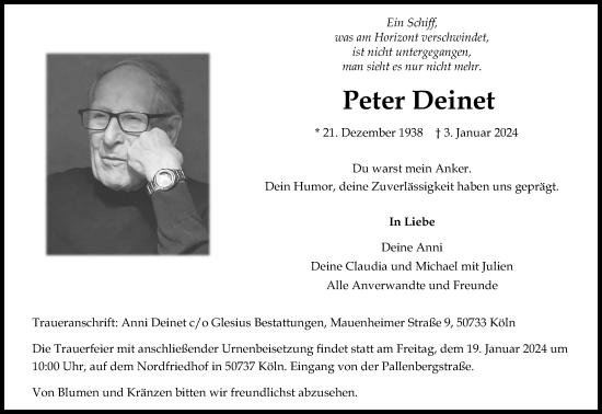 Anzeige von Peter Deinet von Kölner Stadt-Anzeiger / Kölnische Rundschau / Express