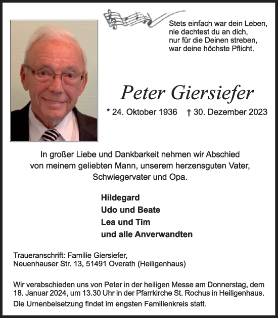 Anzeige von Peter Giersiefer von Kölner Stadt-Anzeiger / Kölnische Rundschau / Express