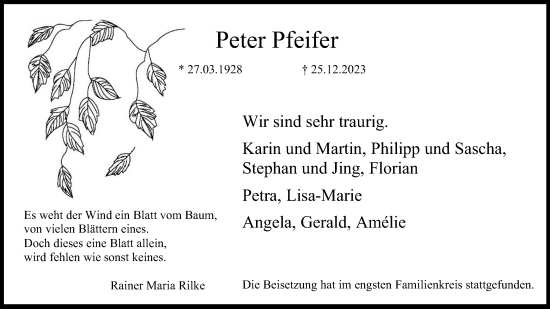 Anzeige von Peter Pfeifer von Kölner Stadt-Anzeiger / Kölnische Rundschau / Express