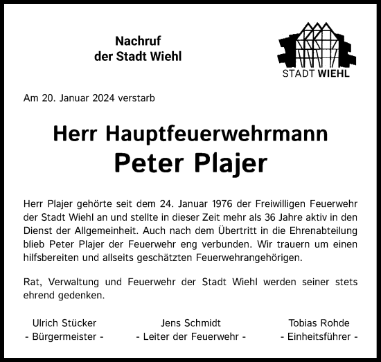 Anzeige von Peter Plajer von Kölner Stadt-Anzeiger / Kölnische Rundschau / Express