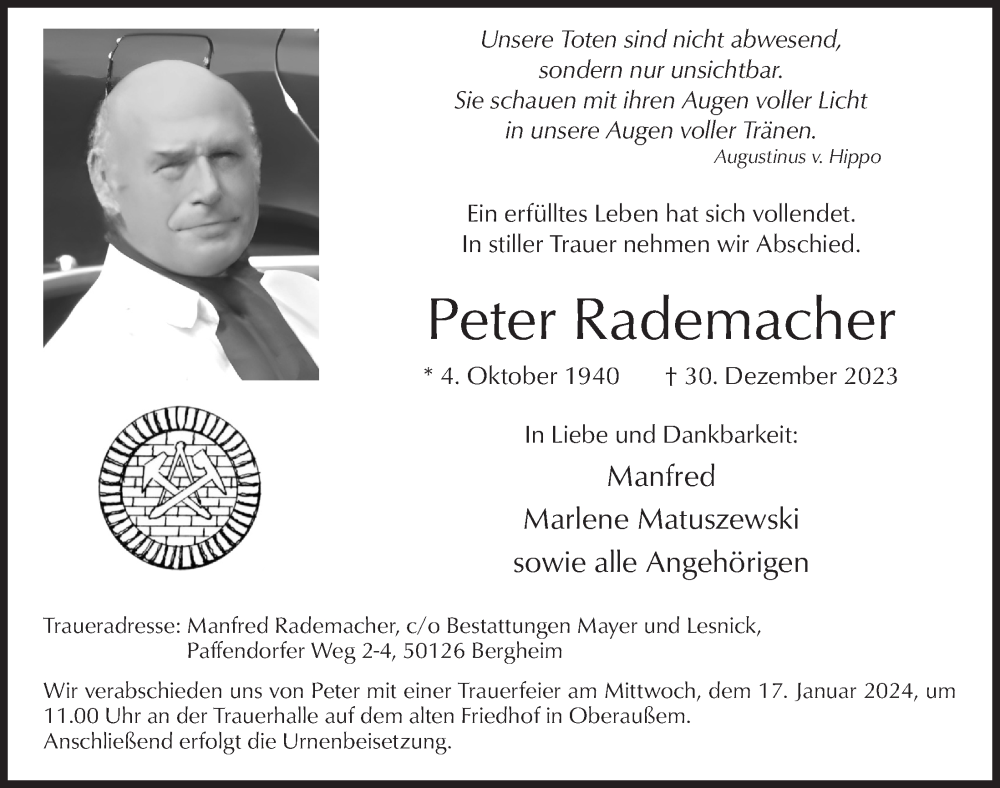 Traueranzeige für Peter Rademacher vom 12.01.2024 aus  Werbepost 