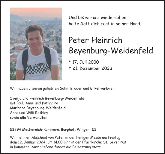 Anzeige von Peter Heinrich Beyenburg-Weidenfeld von Kölner Stadt-Anzeiger / Kölnische Rundschau / Express
