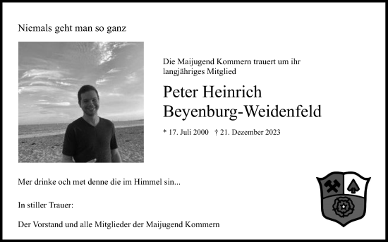 Anzeige von Peter Heinrich Beyenburg-Weidenfeld von Kölner Stadt-Anzeiger / Kölnische Rundschau / Express