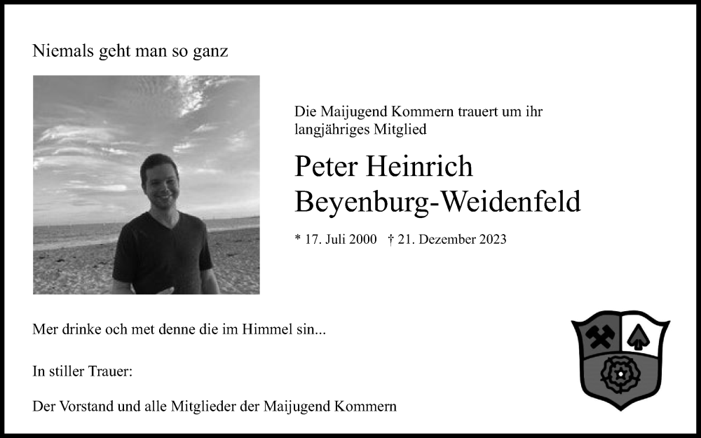  Traueranzeige für Peter Heinrich Beyenburg-Weidenfeld vom 06.01.2024 aus Kölner Stadt-Anzeiger / Kölnische Rundschau / Express