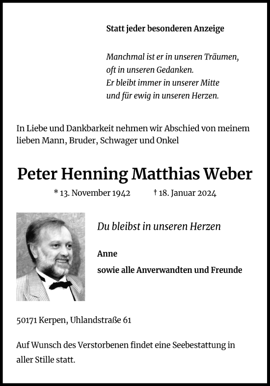Anzeige von Peter Henning Matthias Weber von Kölner Stadt-Anzeiger / Kölnische Rundschau / Express