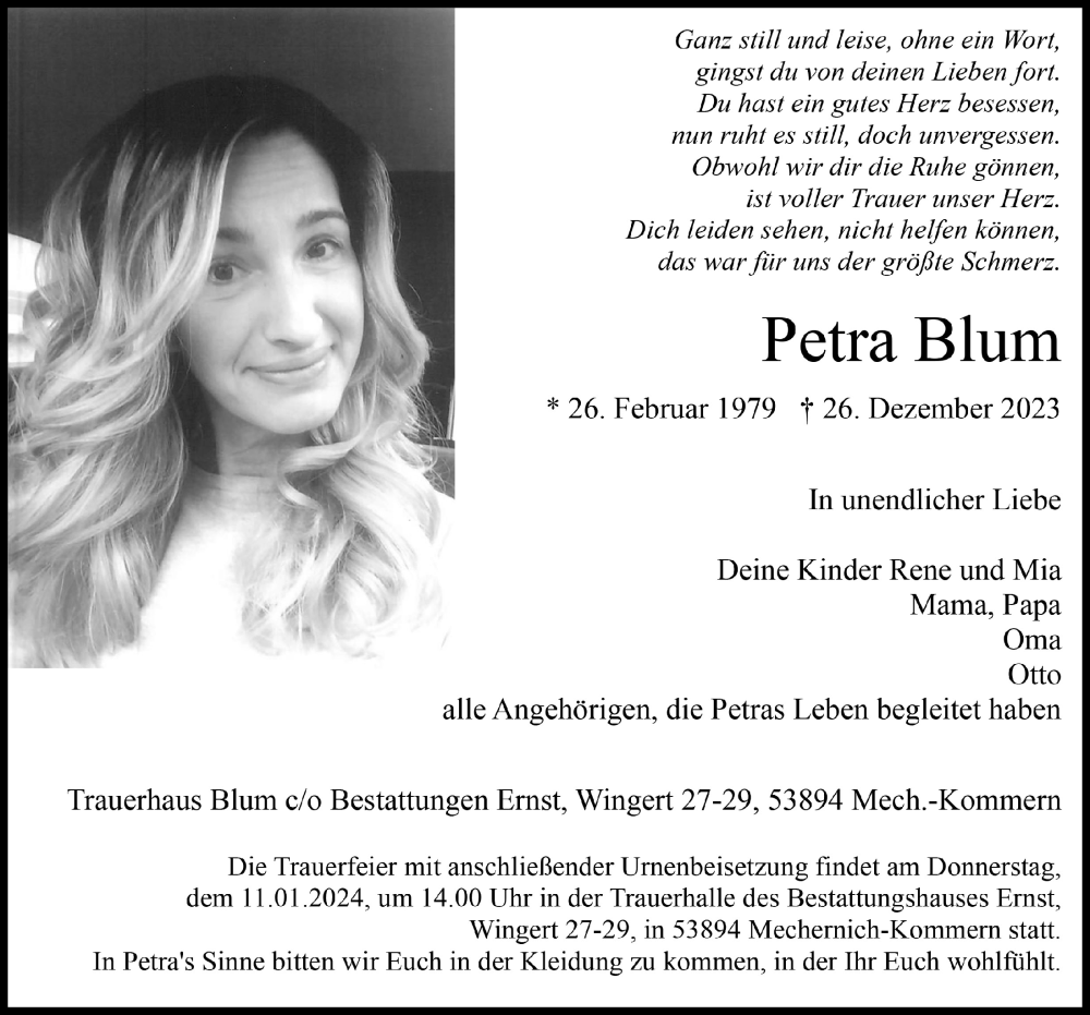  Traueranzeige für Petra Blum vom 06.01.2024 aus  Blickpunkt Euskirchen 