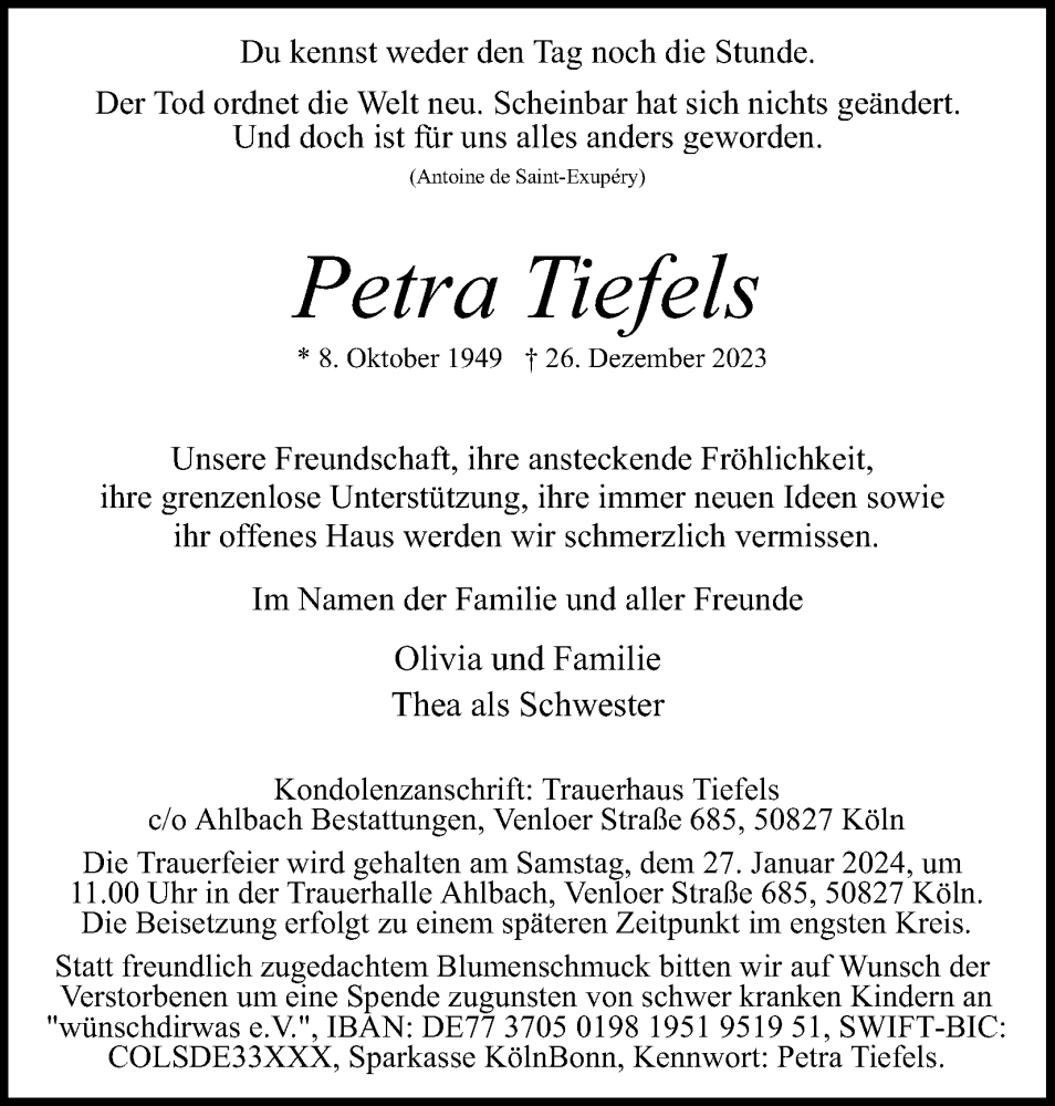  Traueranzeige für Petra Tiefels vom 20.01.2024 aus Kölner Stadt-Anzeiger / Kölnische Rundschau / Express