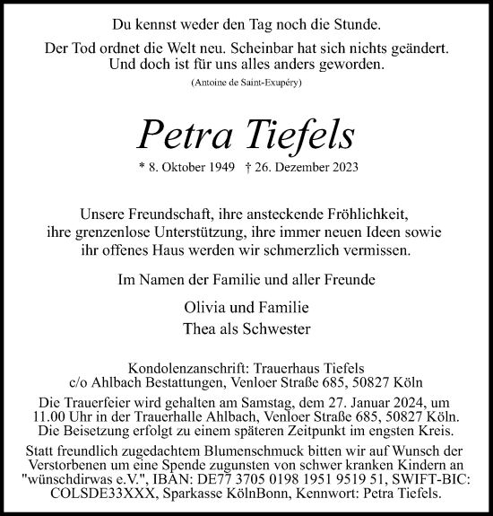 Anzeige von Petra Tiefels von Kölner Stadt-Anzeiger / Kölnische Rundschau / Express