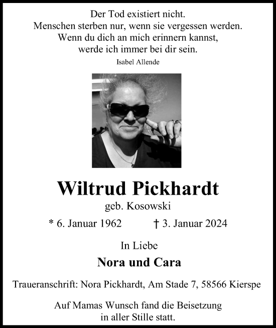 Anzeige von Pickhardt Wiltrud Pickhardt von Kölner Stadt-Anzeiger / Kölnische Rundschau / Express
