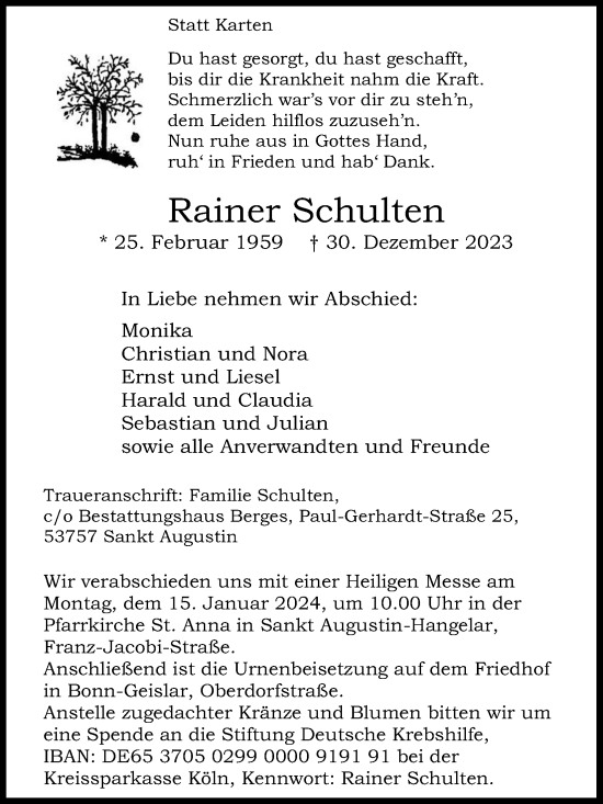Anzeige von Rainer Schulten von Kölner Stadt-Anzeiger / Kölnische Rundschau / Express