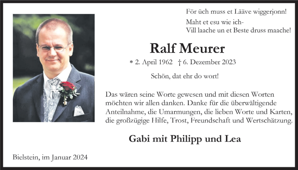  Traueranzeige für Ralf Meurer vom 12.01.2024 aus  Anzeigen Echo 