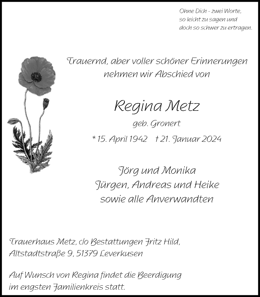  Traueranzeige für Regina Metz vom 27.01.2024 aus Kölner Stadt-Anzeiger / Kölnische Rundschau / Express