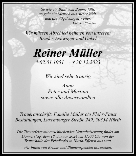 Anzeige von Reiner Müller von Kölner Stadt-Anzeiger / Kölnische Rundschau / Express