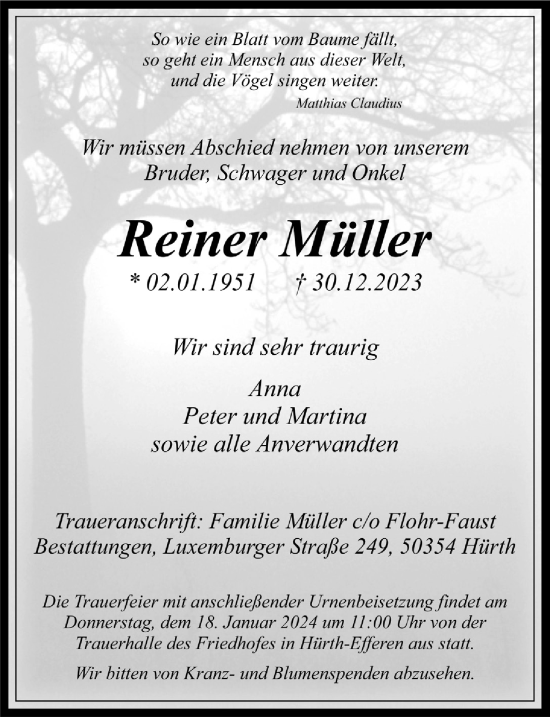 Anzeige von Reiner Müller von  Wochenende 