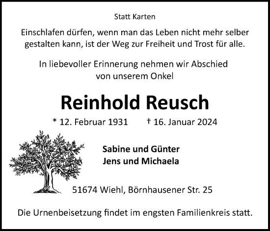 Anzeige von Reinhold Reusch von Kölner Stadt-Anzeiger / Kölnische Rundschau / Express