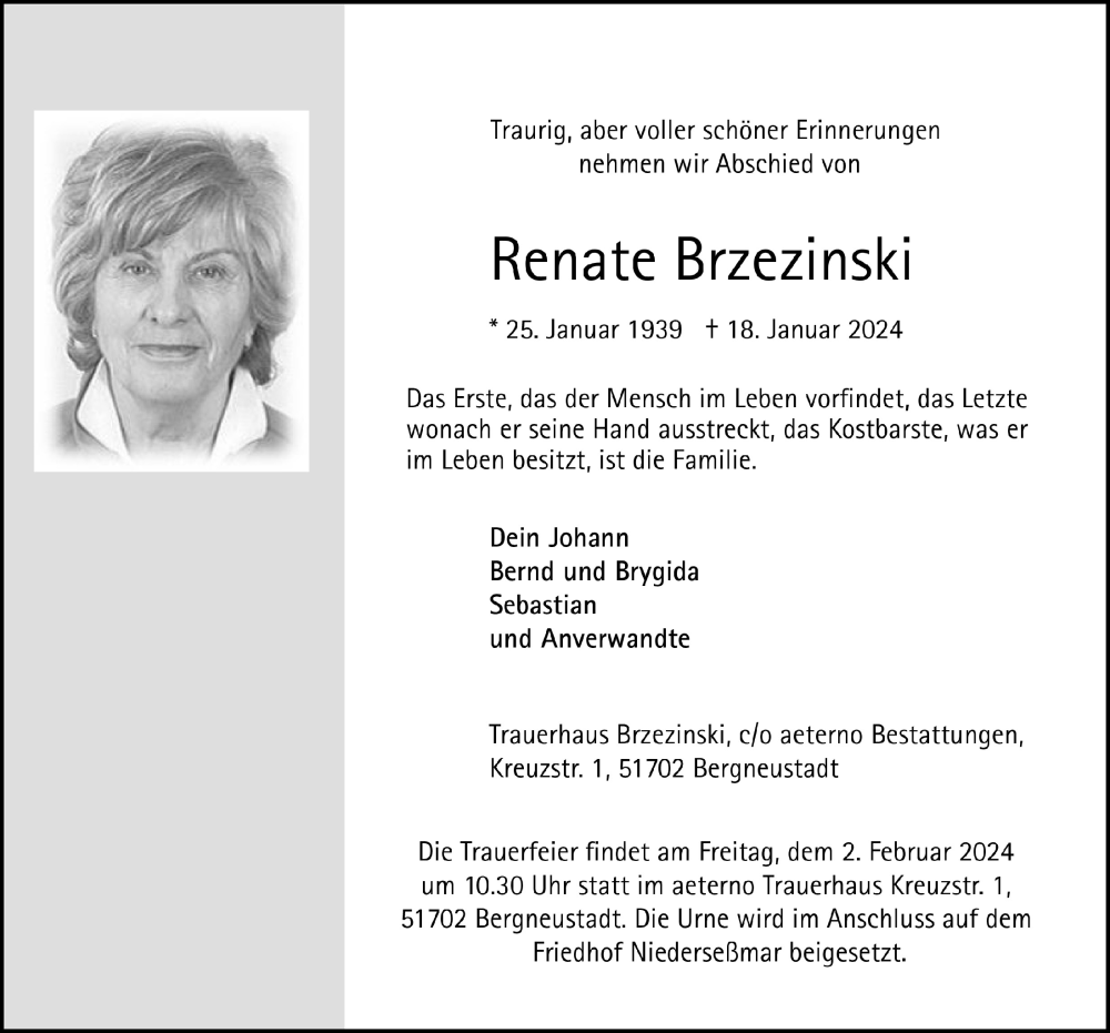  Traueranzeige für Renate Brzezinski vom 26.01.2024 aus  Anzeigen Echo 