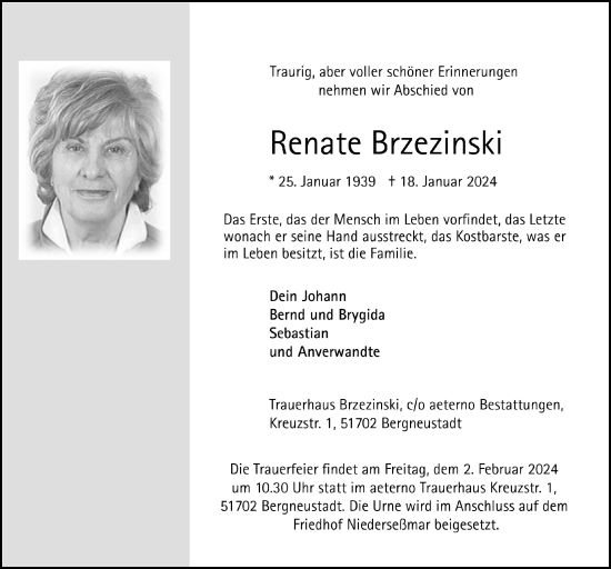 Anzeige von Renate Brzezinski von  Anzeigen Echo 