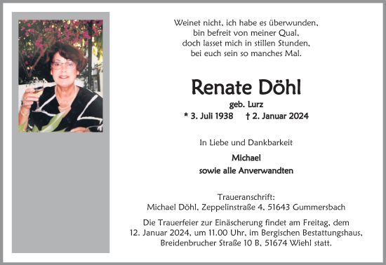 Anzeige von Renate Döhl von Kölner Stadt-Anzeiger / Kölnische Rundschau / Express