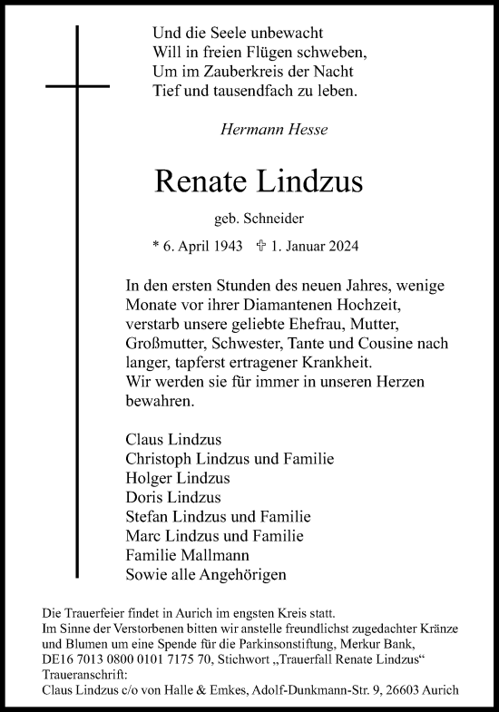 Anzeige von Renate Lindzus von Kölner Stadt-Anzeiger / Kölnische Rundschau / Express