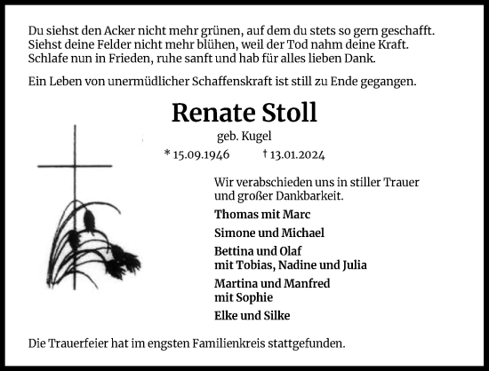 Anzeige von Renate Stoll von Kölner Stadt-Anzeiger / Kölnische Rundschau / Express