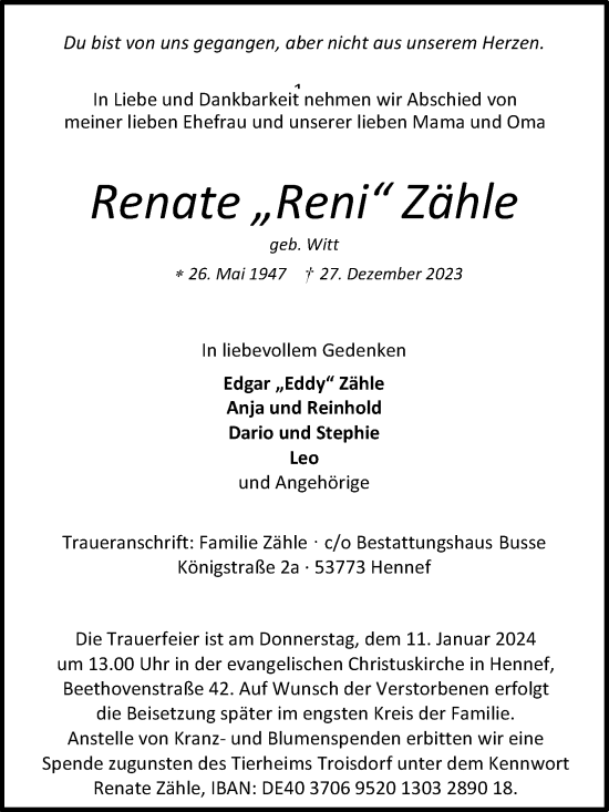 Anzeige von Renate Zähle von Kölner Stadt-Anzeiger / Kölnische Rundschau / Express