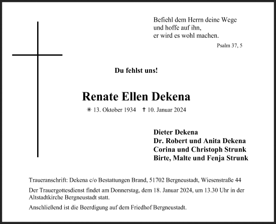 Anzeige von Renate Ellen Dekena von Kölner Stadt-Anzeiger / Kölnische Rundschau / Express