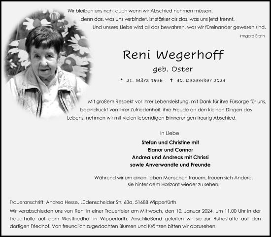 Anzeige von Reni Wegerhoff von Kölner Stadt-Anzeiger / Kölnische Rundschau / Express