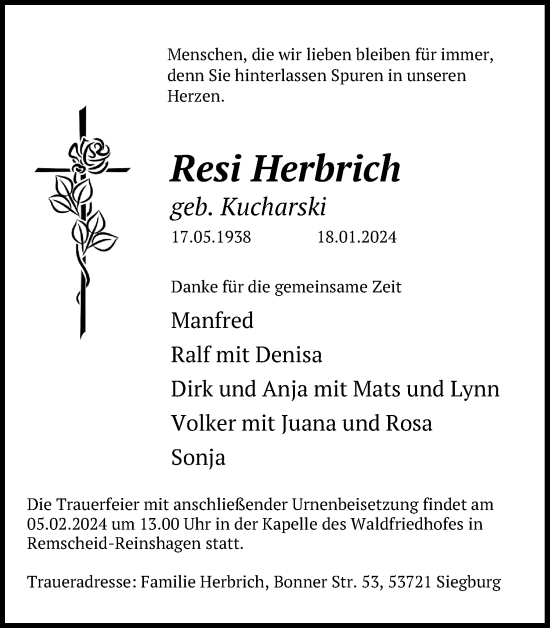 Anzeige von Resi Herbrich von Kölner Stadt-Anzeiger / Kölnische Rundschau / Express