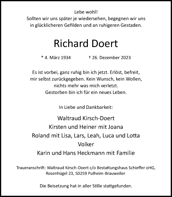 Anzeige von Richard Doert von Kölner Stadt-Anzeiger / Kölnische Rundschau / Express