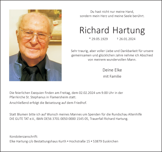 Anzeige von Richard Hartung von Kölner Stadt-Anzeiger / Kölnische Rundschau / Express