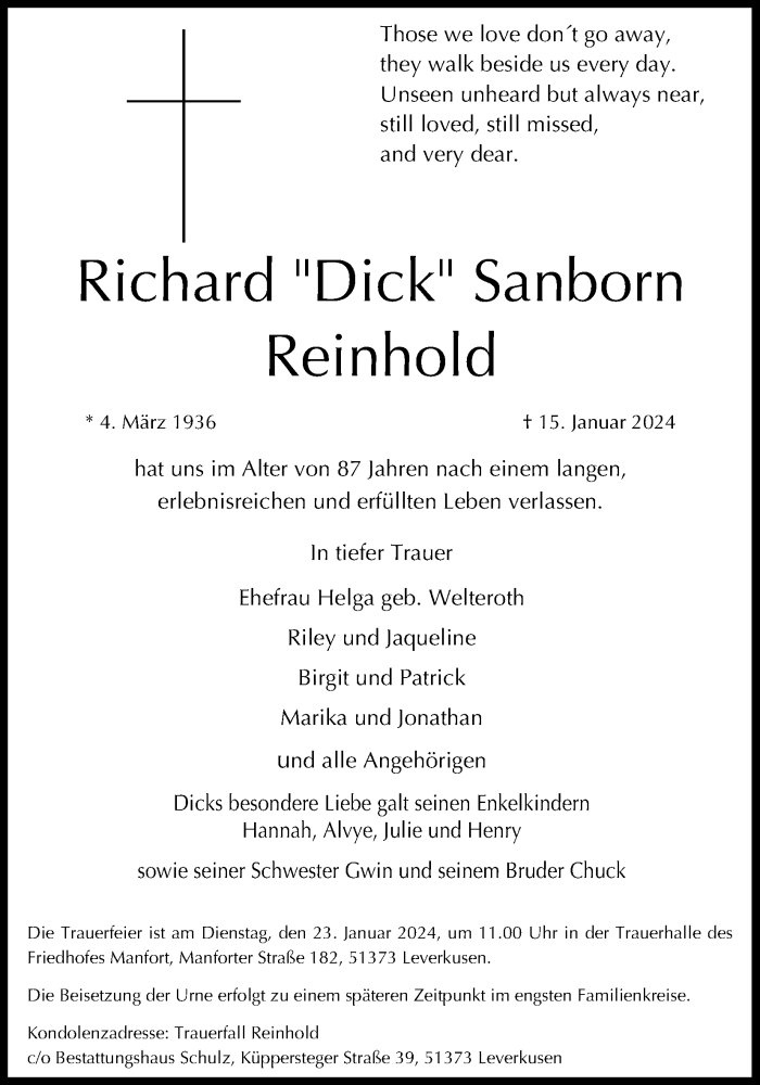  Traueranzeige für Richard Sanborn Reinhold vom 20.01.2024 aus Kölner Stadt-Anzeiger / Kölnische Rundschau / Express