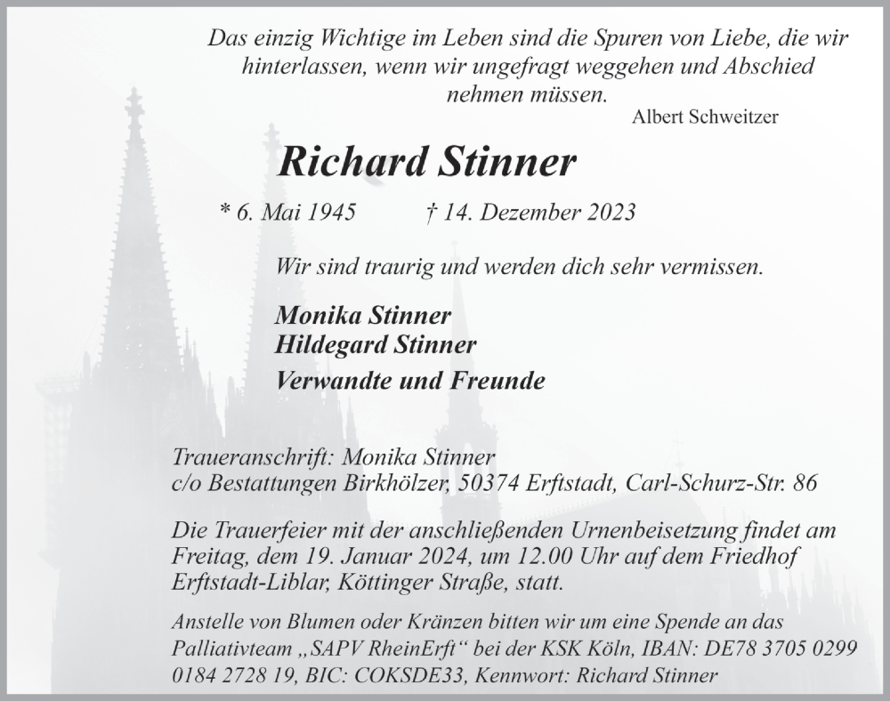 Traueranzeige für Richard Stinner vom 12.01.2024 aus  Werbepost 