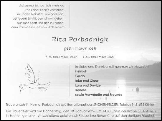 Anzeige von Rita Porbadnigk von Kölner Stadt-Anzeiger / Kölnische Rundschau / Express