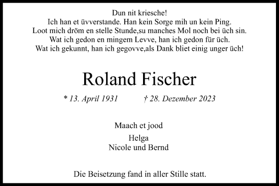 Anzeige von Roland Fischer von Kölner Stadt-Anzeiger / Kölnische Rundschau / Express