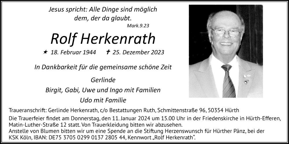  Traueranzeige für Rolf Herkenrath vom 06.01.2024 aus Kölner Stadt-Anzeiger / Kölnische Rundschau / Express