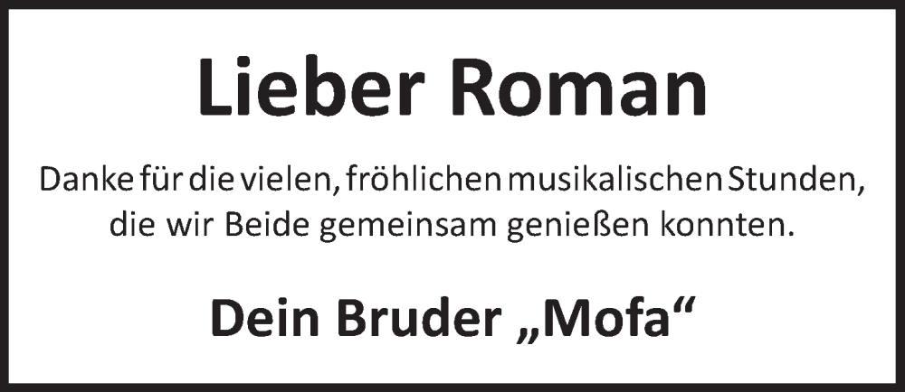  Traueranzeige für Roman  vom 19.01.2024 aus  Schaufenster/Blickpunkt 